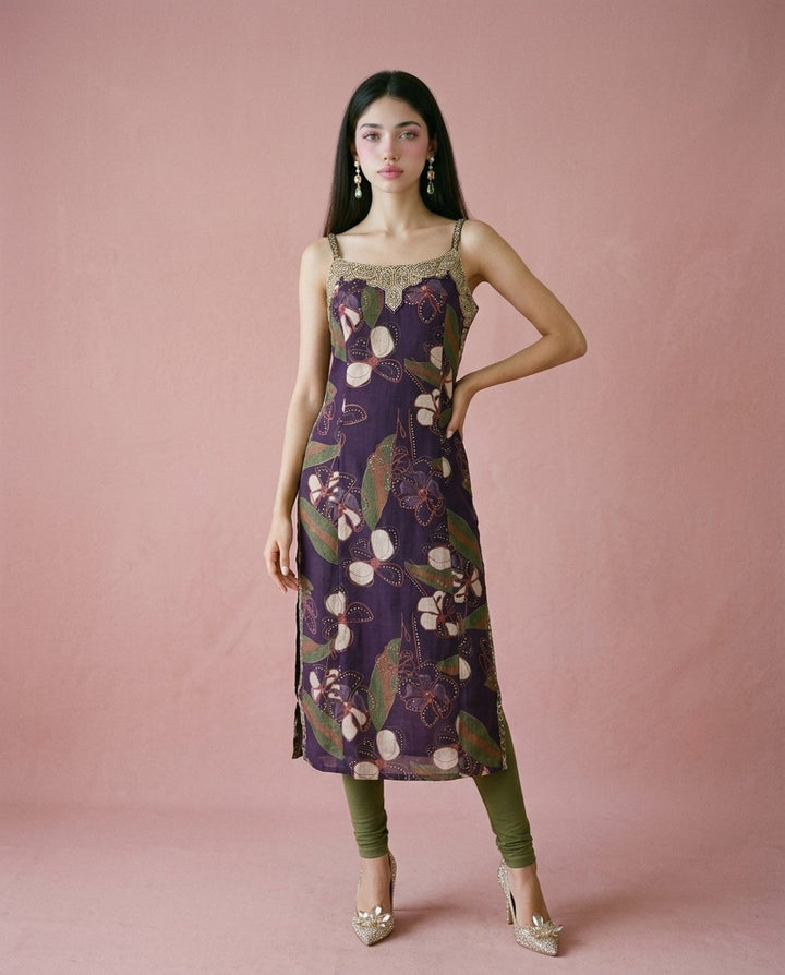 Purple Embroidered Viscose Blended Spaghetti Strap Straight Cut Long Kurta