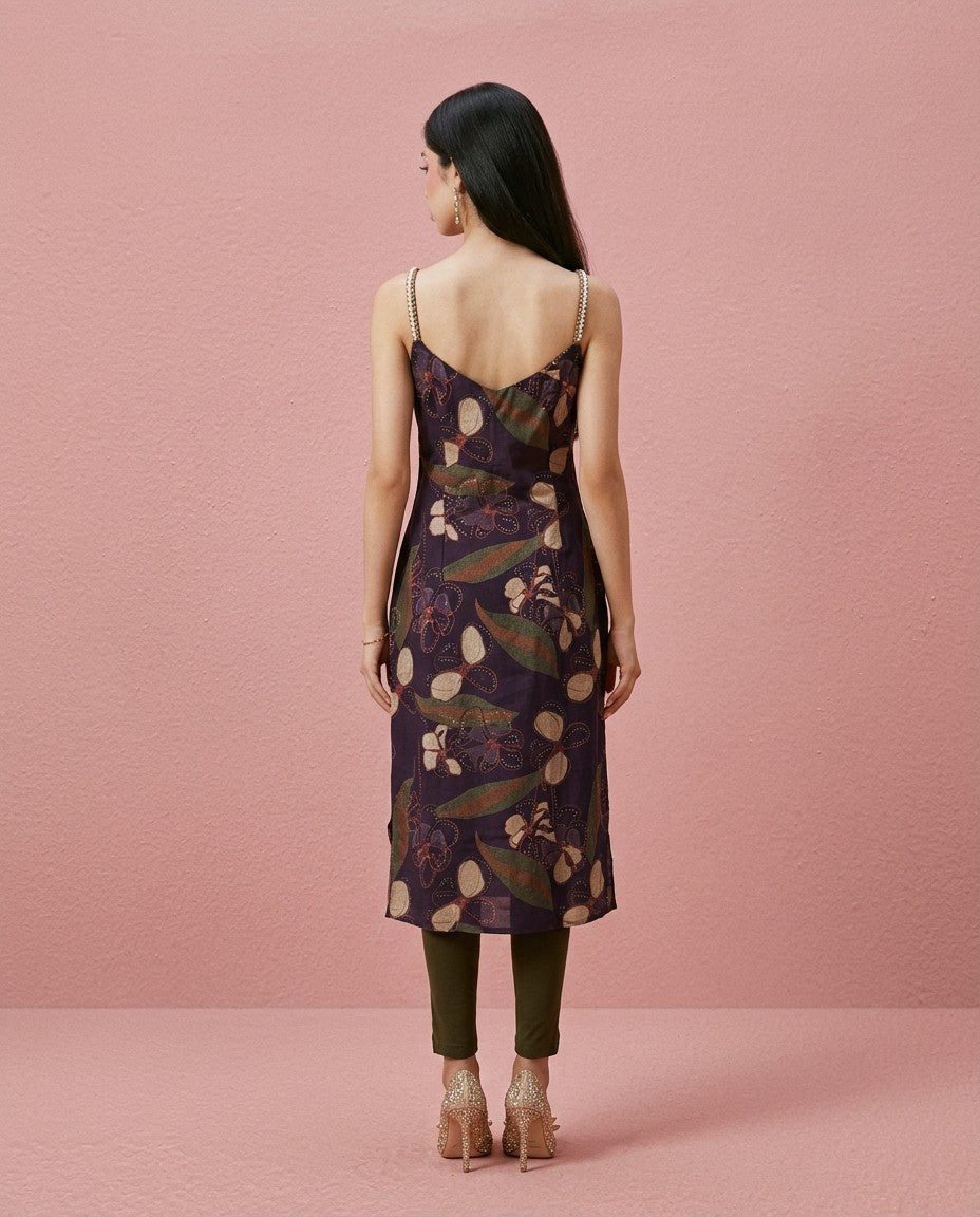 Purple Embroidered Viscose Blended Spaghetti Strap Straight Cut Long Kurta
