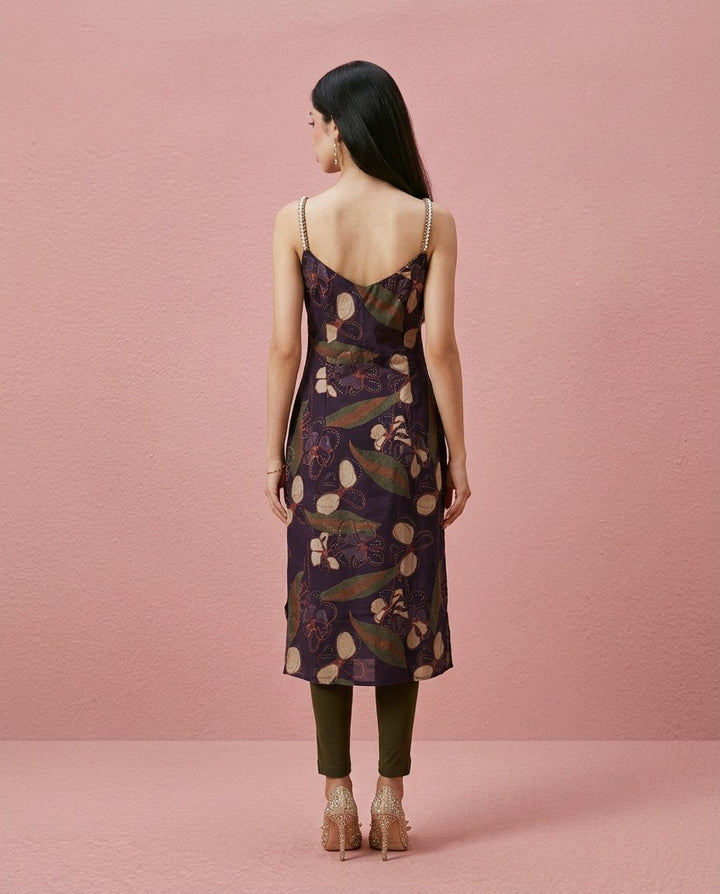 Purple Embroidered Viscose Blended Spaghetti Strap Straight Cut Long Kurta