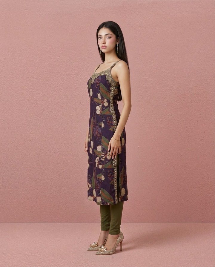 Purple Embroidered Viscose Blended Spaghetti Strap Straight Cut Long Kurta