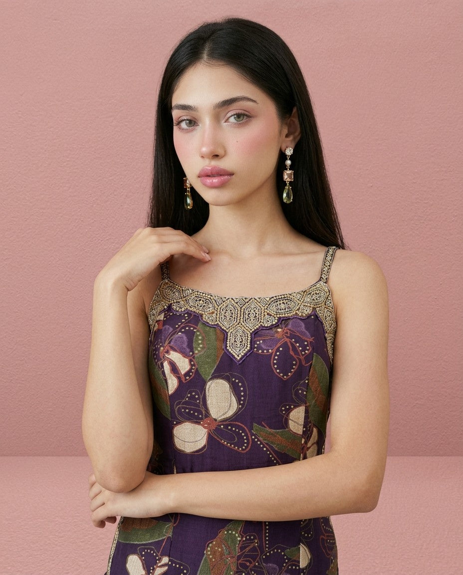 Purple Embroidered Viscose Blended Spaghetti Strap Straight Cut Long Kurta