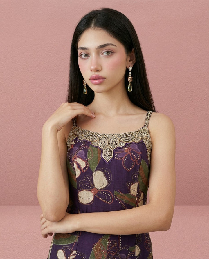 Purple Embroidered Viscose Blended Spaghetti Strap Straight Cut Long Kurta