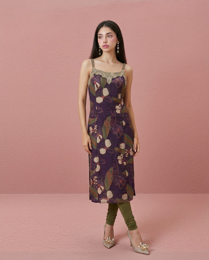Purple Embroidered Viscose Blended Spaghetti Strap Straight Cut Long Kurta