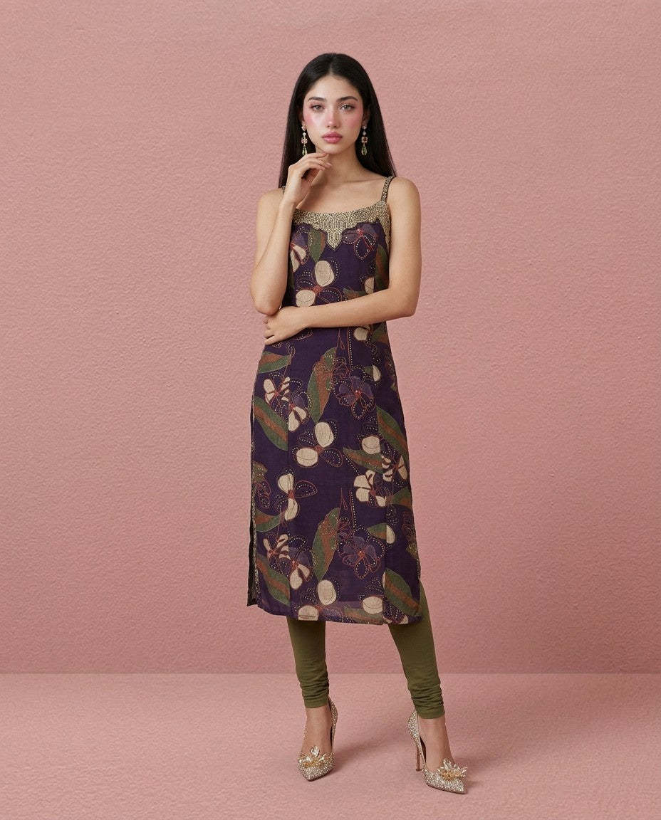 Purple Embroidered Viscose Blended Spaghetti Strap Straight Cut Long Kurta