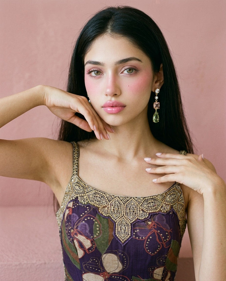Purple Embroidered Viscose Blended Spaghetti Strap Straight Cut Long Kurta