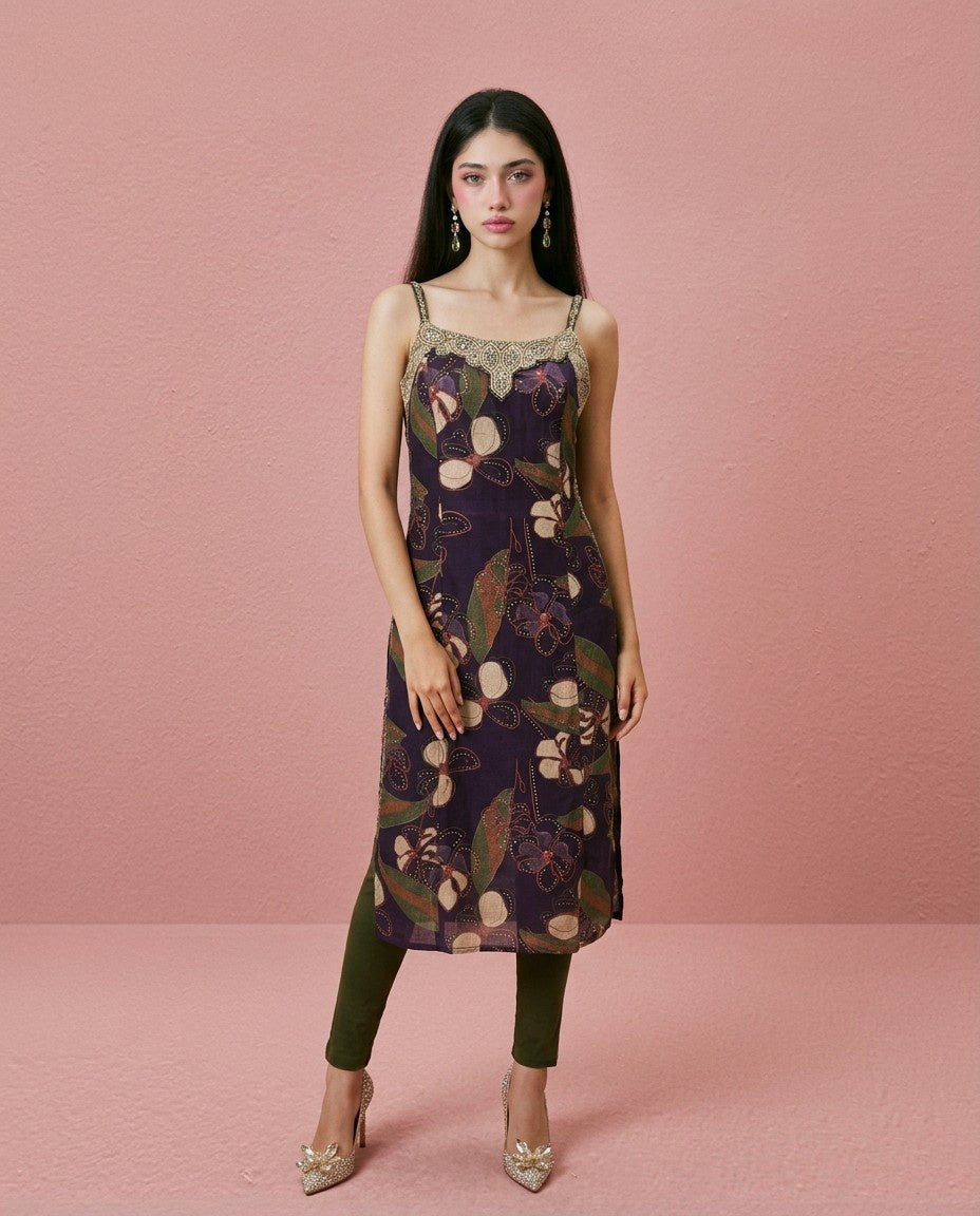 Purple Embroidered Viscose Blended Spaghetti Strap Straight Cut Long Kurta