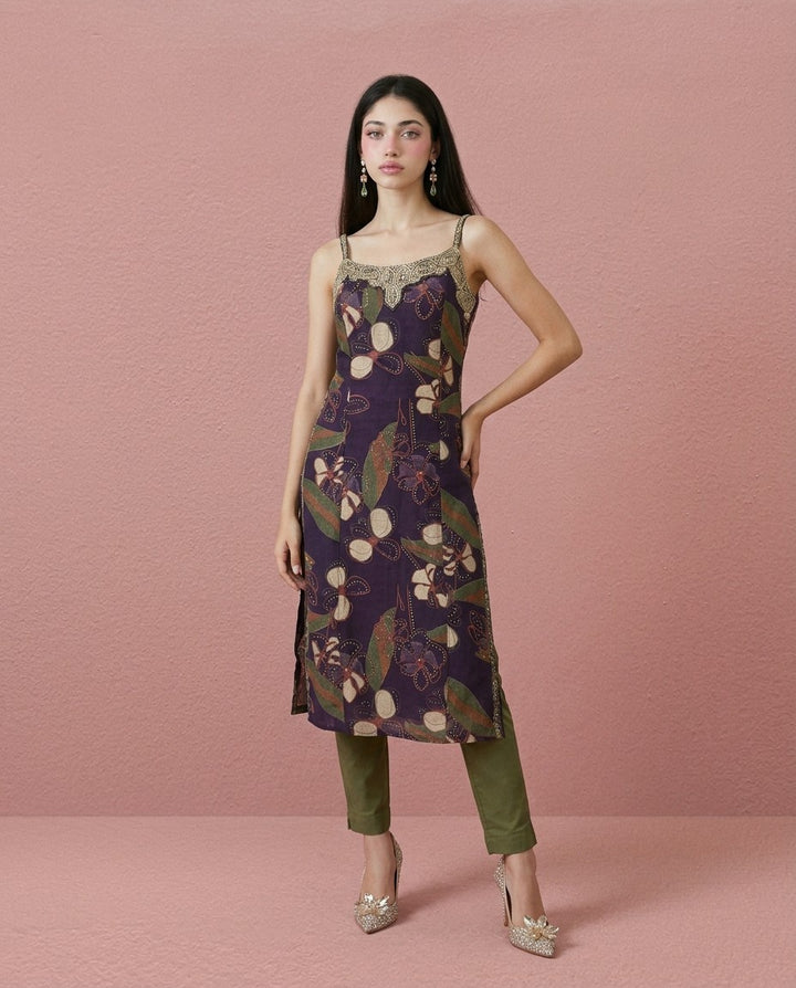 Purple Embroidered Viscose Blended Spaghetti Strap Straight Cut Long Kurta