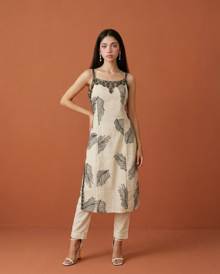 White Embroidered Viscose Blended Spaghetti Strap Straight Cut Long Kurta