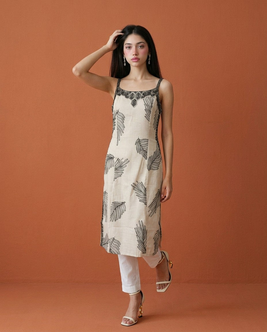 White Embroidered Viscose Blended Spaghetti Strap Straight Cut Long Kurta