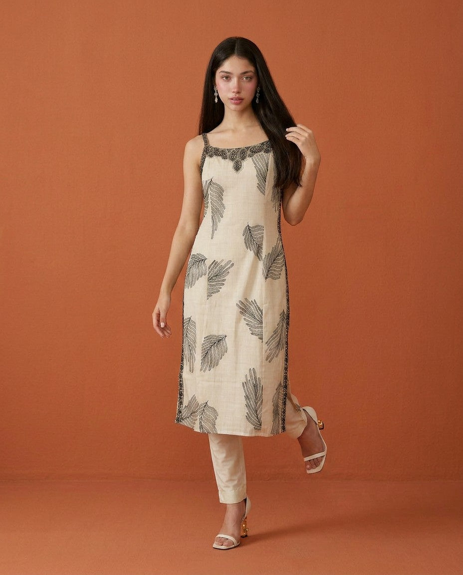White Embroidered Viscose Blended Spaghetti Strap Straight Cut Long Kurta