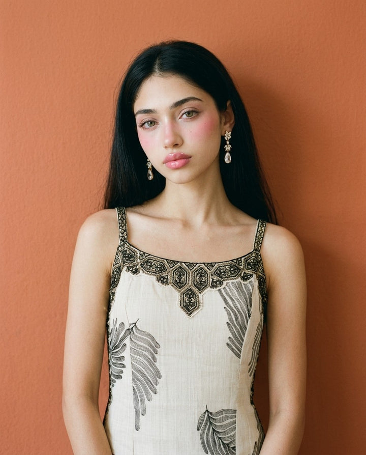 White Embroidered Viscose Blended Spaghetti Strap Straight Cut Long Kurta