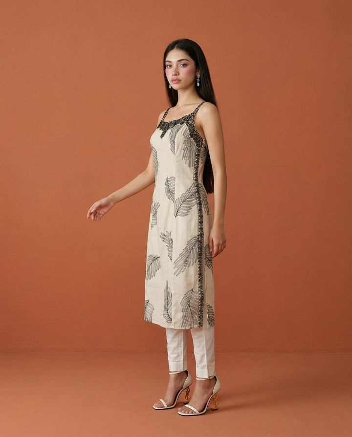 White Embroidered Viscose Blended Spaghetti Strap Straight Cut Long Kurta