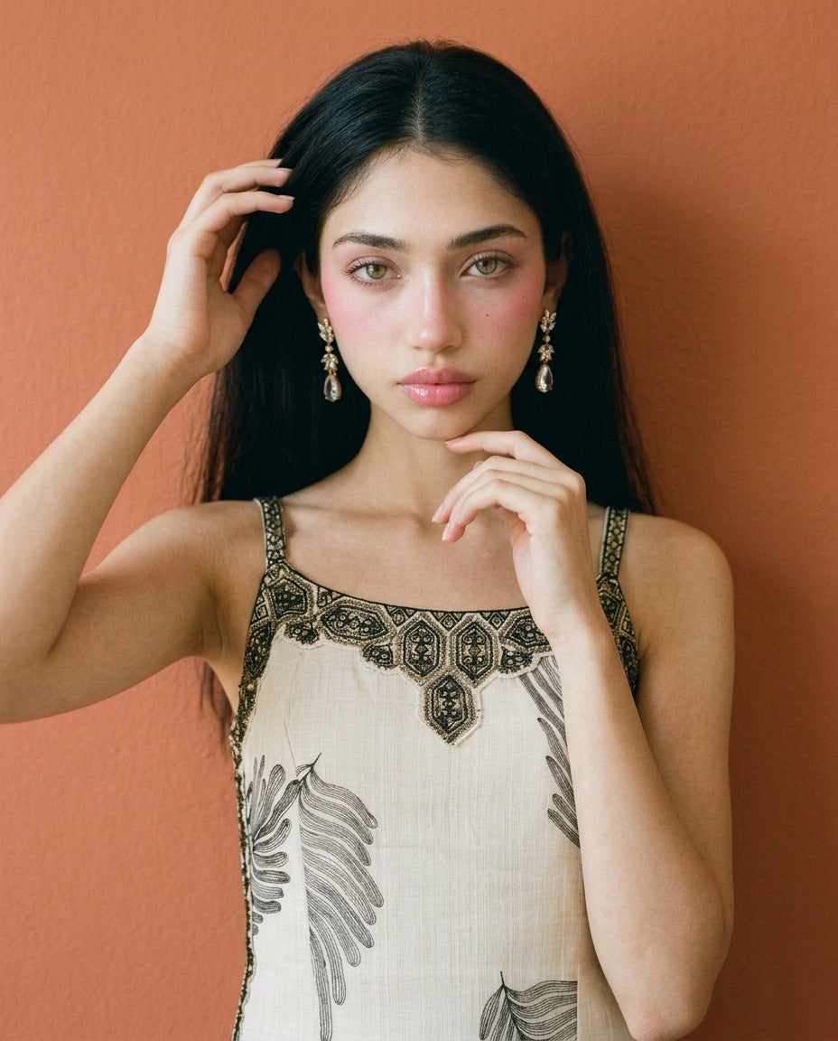 White Embroidered Viscose Blended Spaghetti Strap Straight Cut Long Kurta