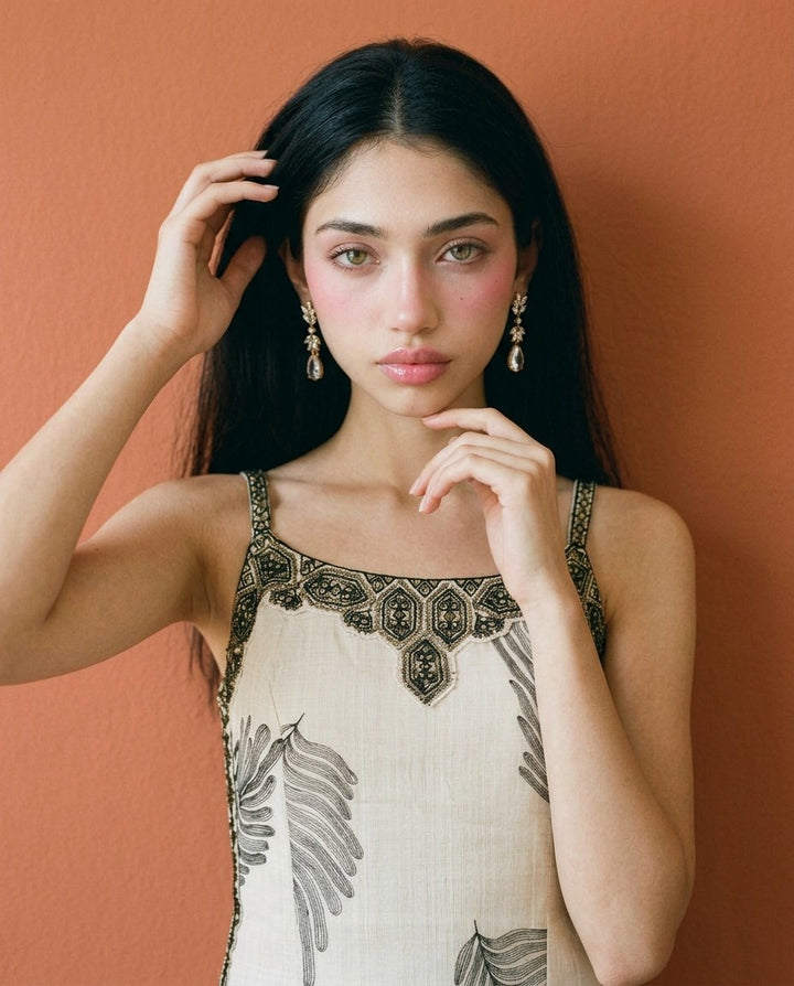 White Embroidered Viscose Blended Spaghetti Strap Straight Cut Long Kurta
