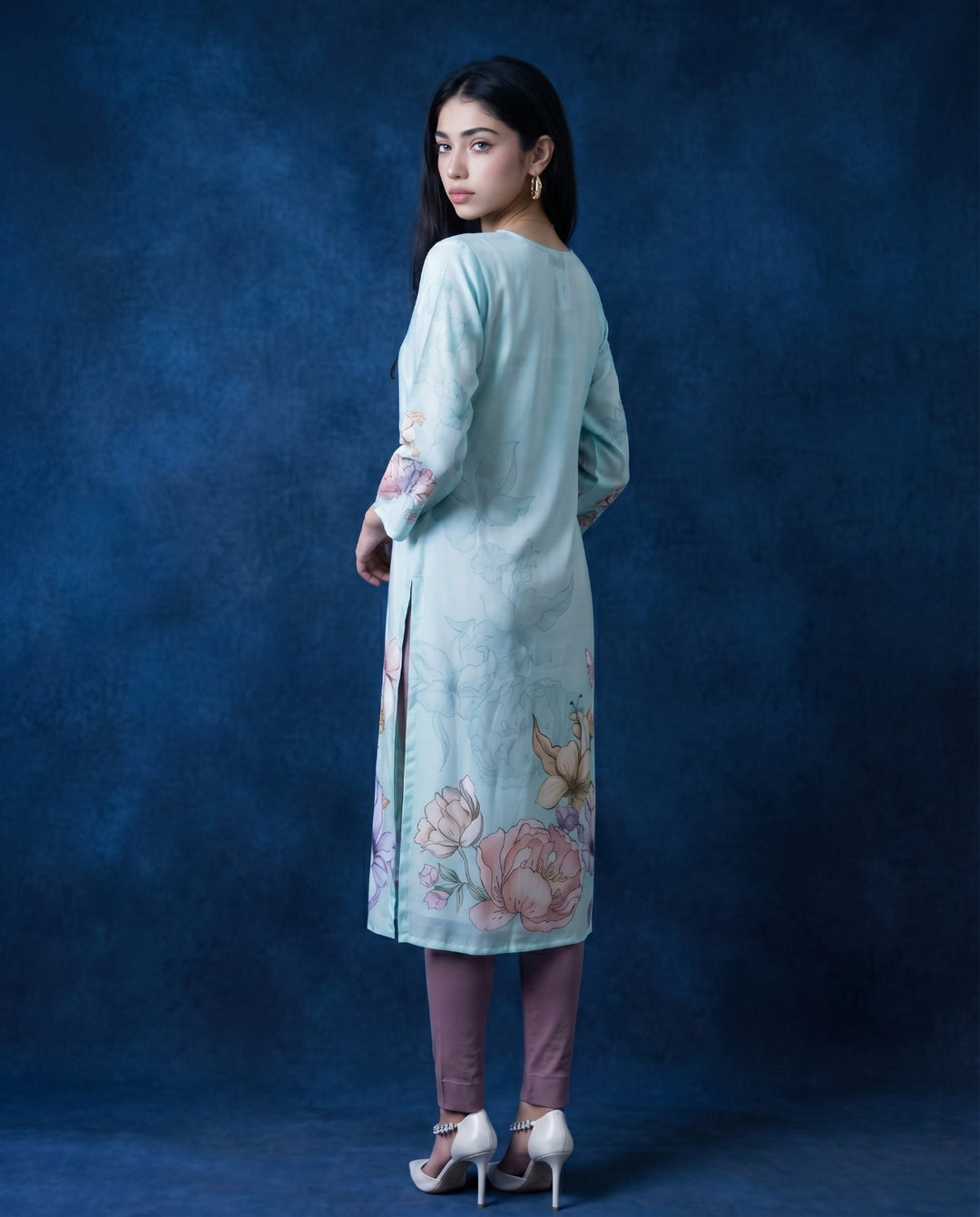 Sky Blue Printed Crepe Silk Straight cut Long Kurta