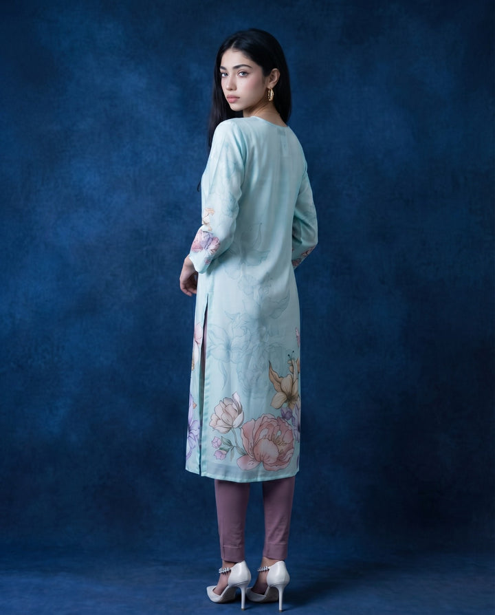 Sky Blue Printed Crepe Silk Straight cut Long Kurta