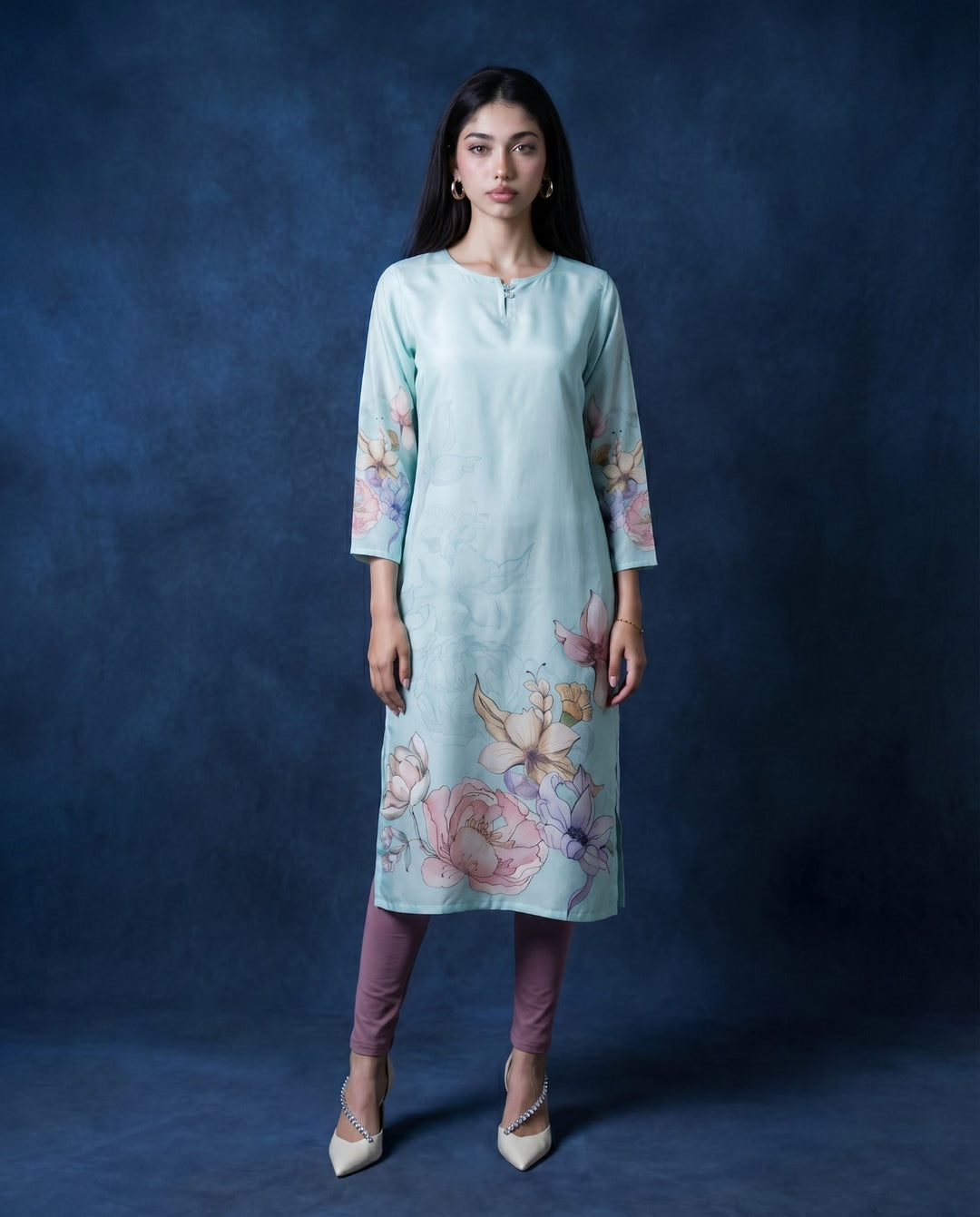 Sky Blue Printed Crepe Silk Straight cut Long Kurta