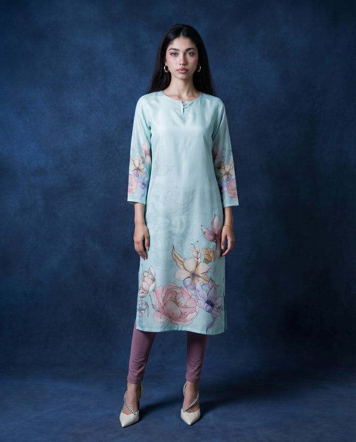 Sky Blue Printed Crepe Silk Straight cut Long Kurta