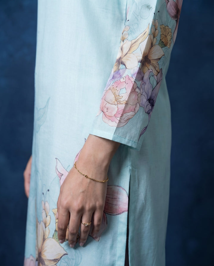 Sky Blue Printed Crepe Silk Straight cut Long Kurta