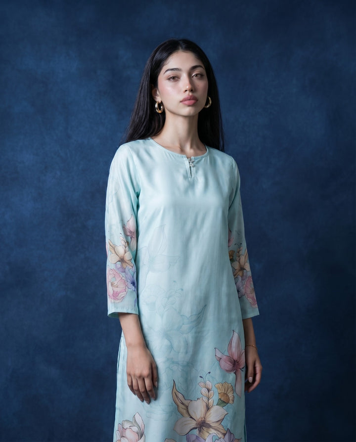 Sky Blue Printed Crepe Silk Straight cut Long Kurta