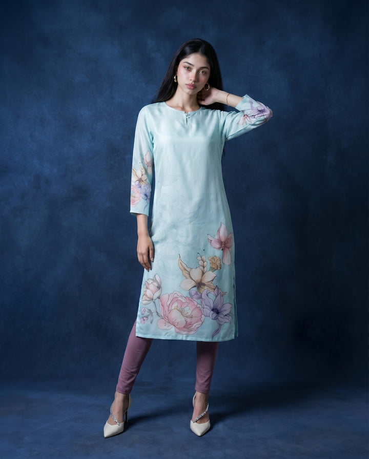 Sky Blue Printed Crepe Silk Straight cut Long Kurta