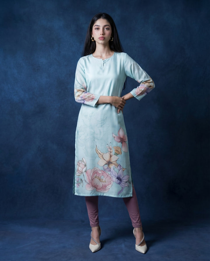 Sky Blue Printed Crepe Silk Straight cut Long Kurta