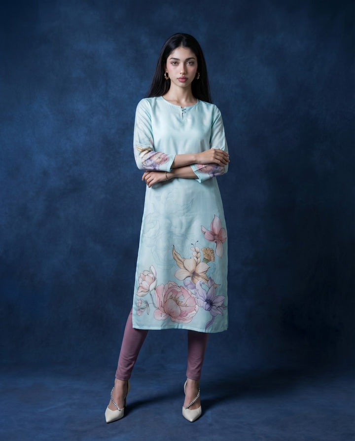 Sky Blue Printed Crepe Silk Straight cut Long Kurta