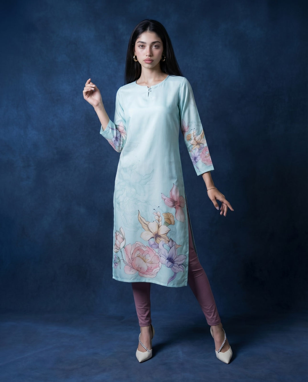 Sky Blue Printed Crepe Silk Straight cut Long Kurta