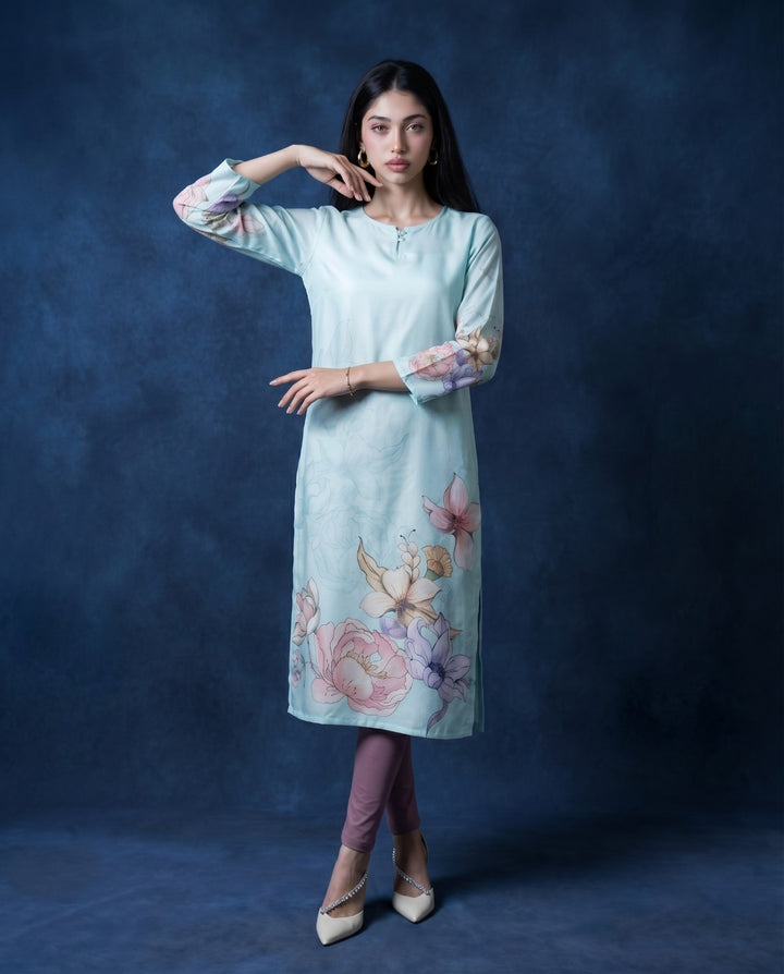 Sky Blue Printed Crepe Silk Straight cut Long Kurta