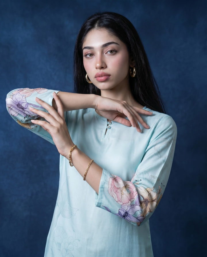 Sky Blue Printed Crepe Silk Straight cut Long Kurta