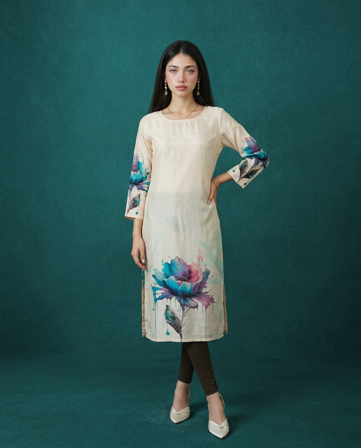 Beige  Printed Crepe Silk Straight cut Long Kurta