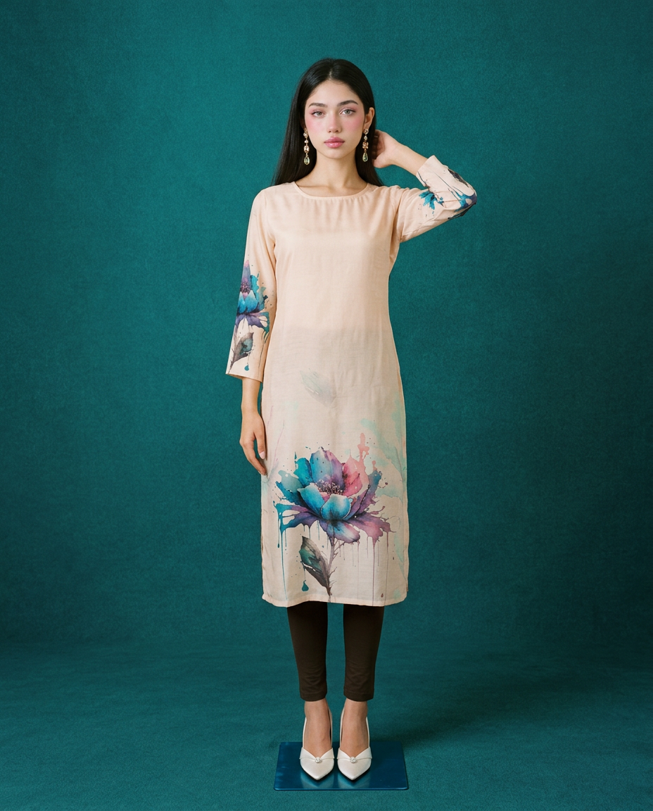 Beige  Printed Crepe Silk Straight cut Long Kurta