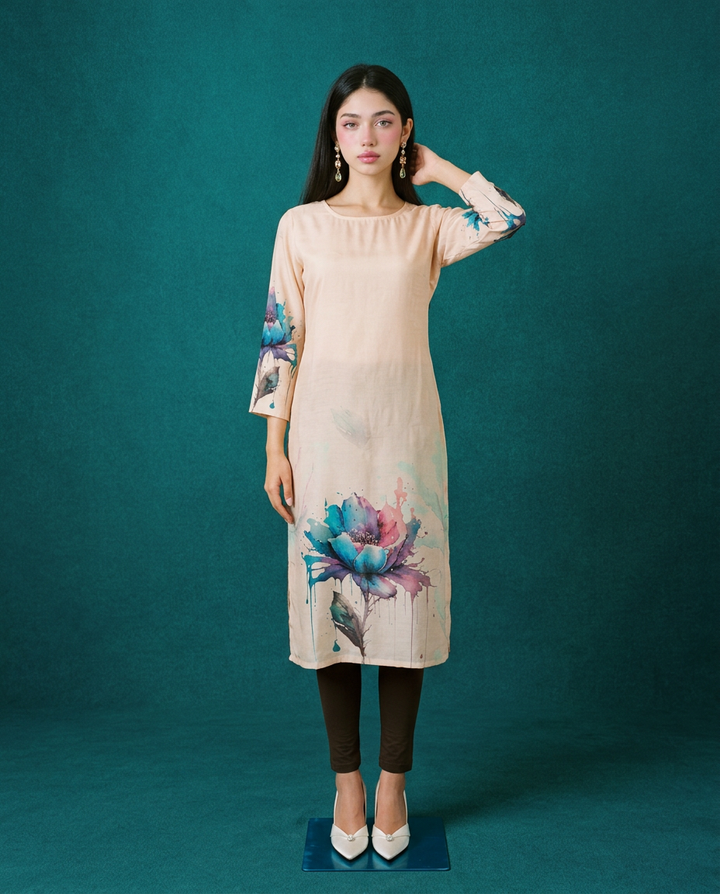 Beige  Printed Crepe Silk Straight cut Long Kurta