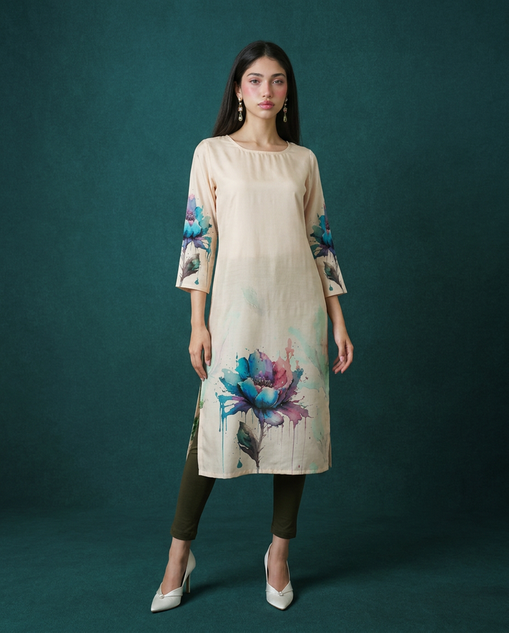 Beige  Printed Crepe Silk Straight cut Long Kurta
