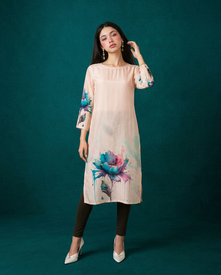 Beige  Printed Crepe Silk Straight cut Long Kurta