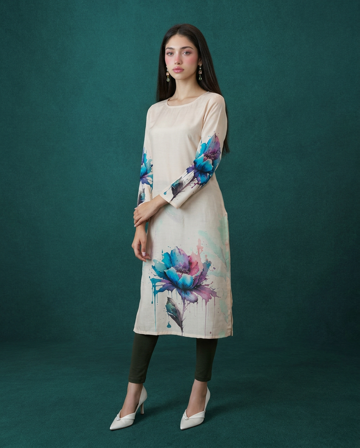 Beige  Printed Crepe Silk Straight cut Long Kurta