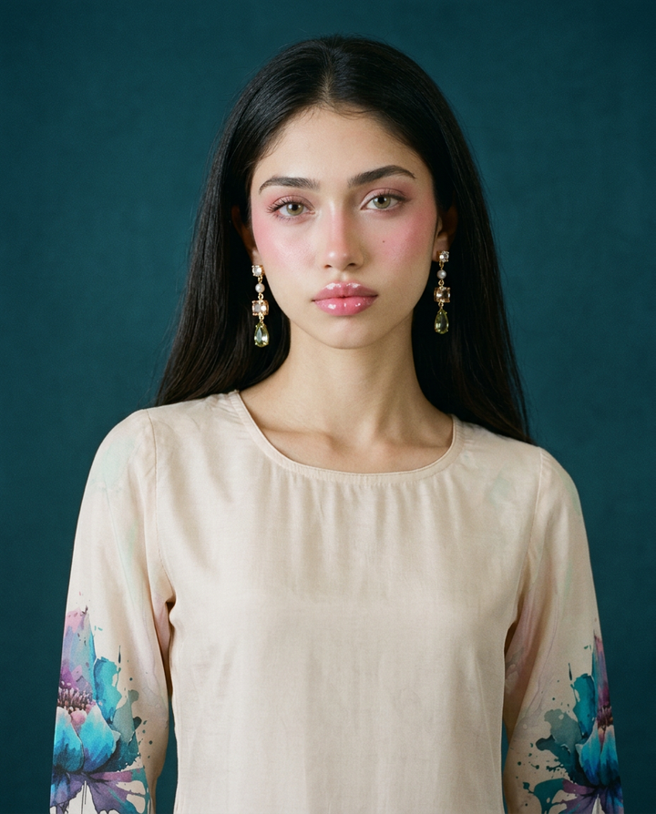 Beige  Printed Crepe Silk Straight cut Long Kurta
