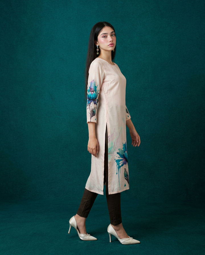 Beige  Printed Crepe Silk Straight cut Long Kurta