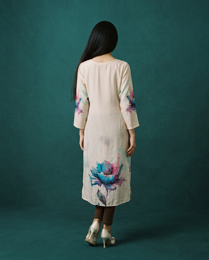 Beige  Printed Crepe Silk Straight cut Long Kurta