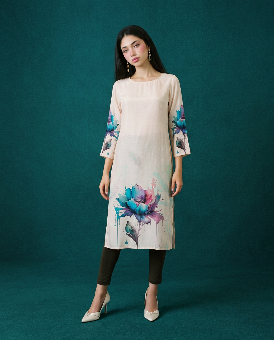 Beige  Printed Crepe Silk Straight cut Long Kurta