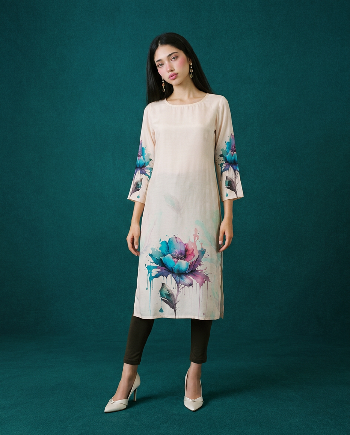Beige  Printed Crepe Silk Straight cut Long Kurta