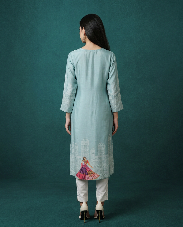 Blue Printed Crepe Silk Straight cut Long Kurta
