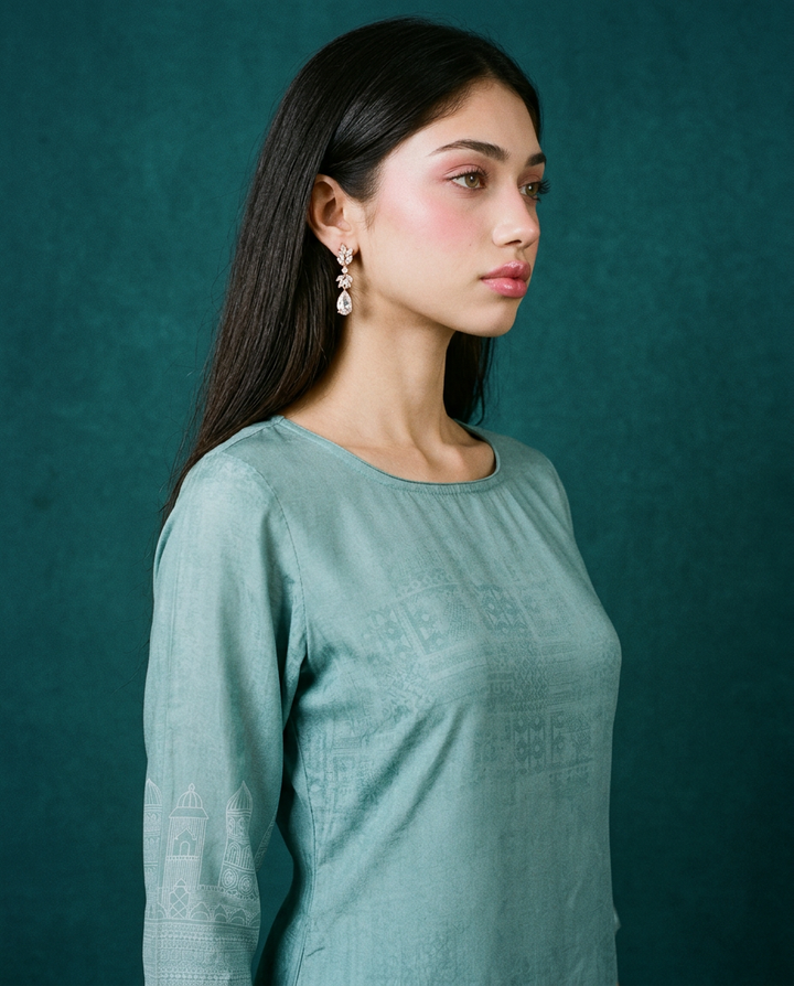 Blue Printed Crepe Silk Straight cut Long Kurta