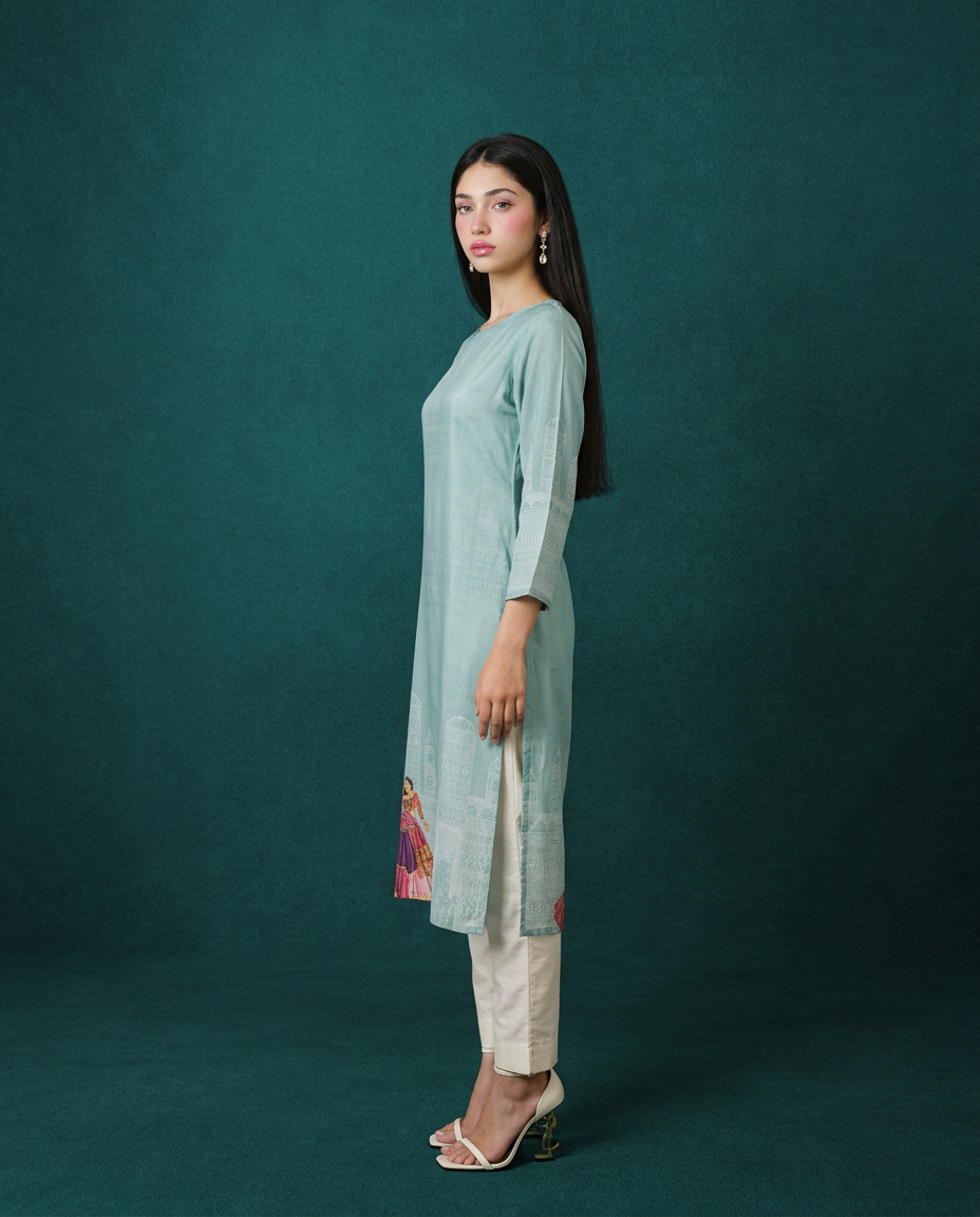 Blue Printed Crepe Silk Straight cut Long Kurta