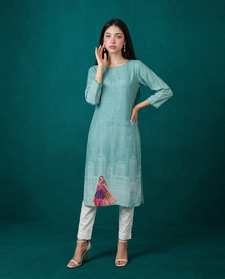 Blue Printed Crepe Silk Straight cut Long Kurta