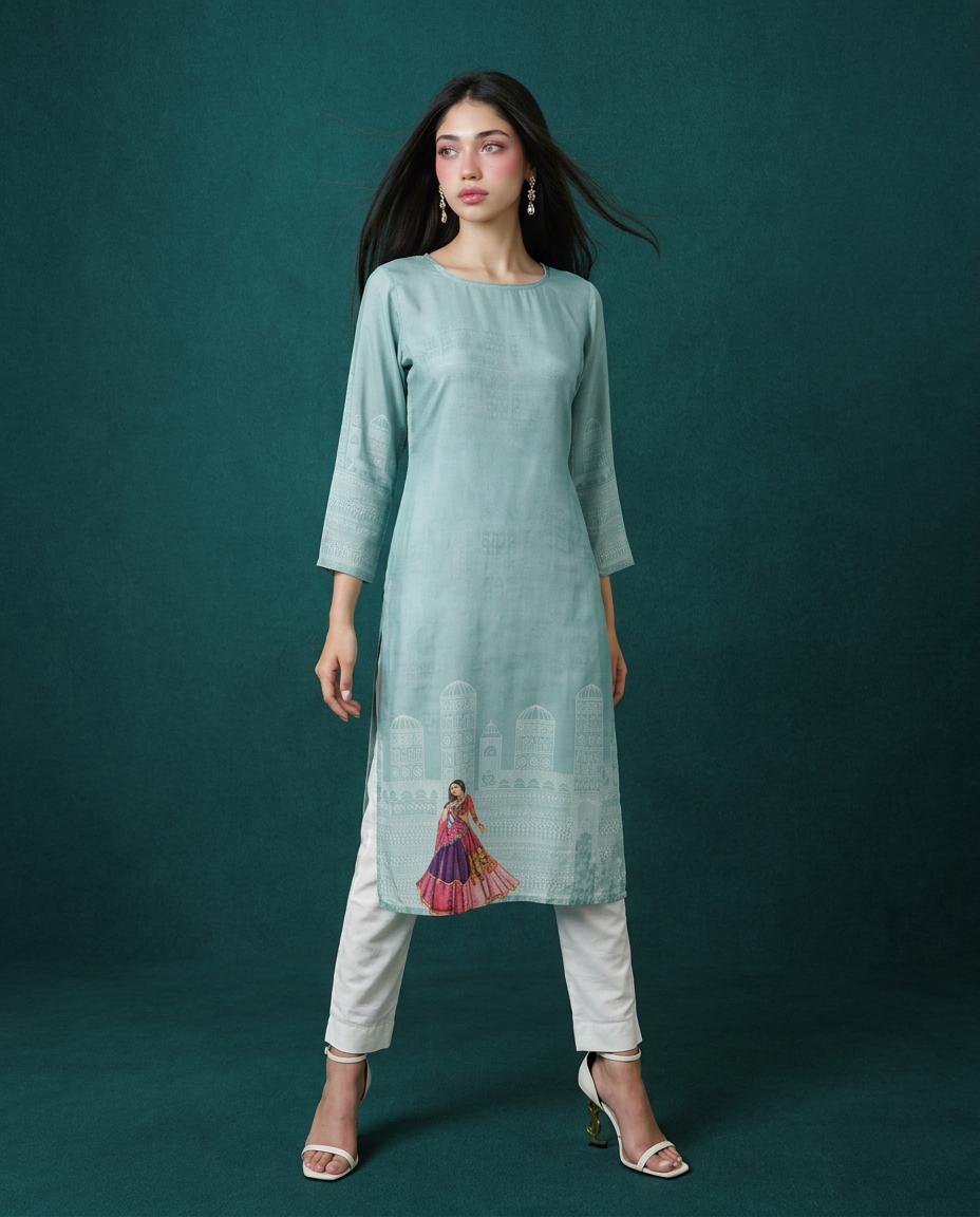 Blue Printed Crepe Silk Straight cut Long Kurta