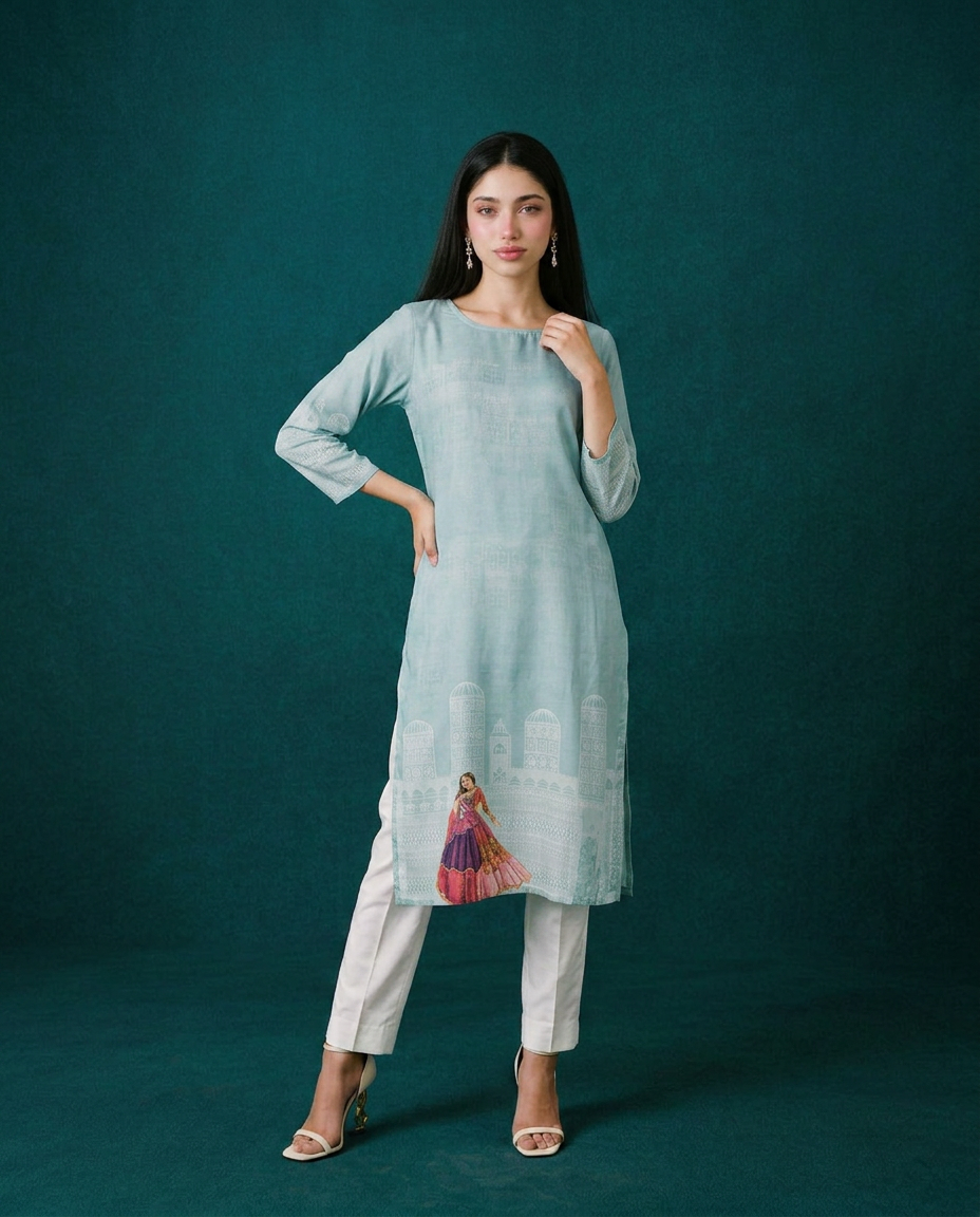 Blue Printed Crepe Silk Straight cut Long Kurta