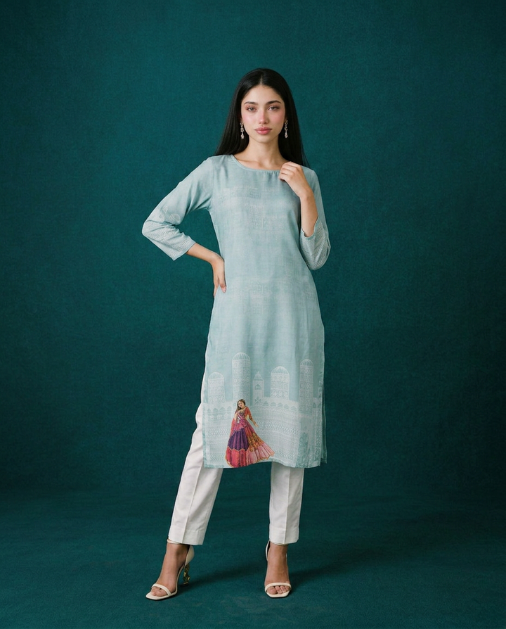 Blue Printed Crepe Silk Straight cut Long Kurta