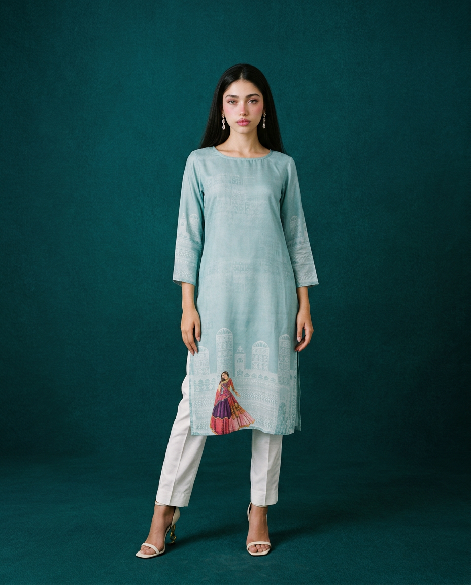Blue Printed Crepe Silk Straight cut Long Kurta