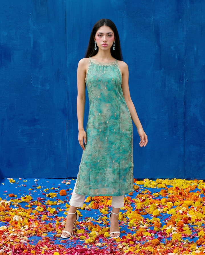 Green Embroidered Viscose Blended Spaghetti Strap Straight Cut Long Kurta